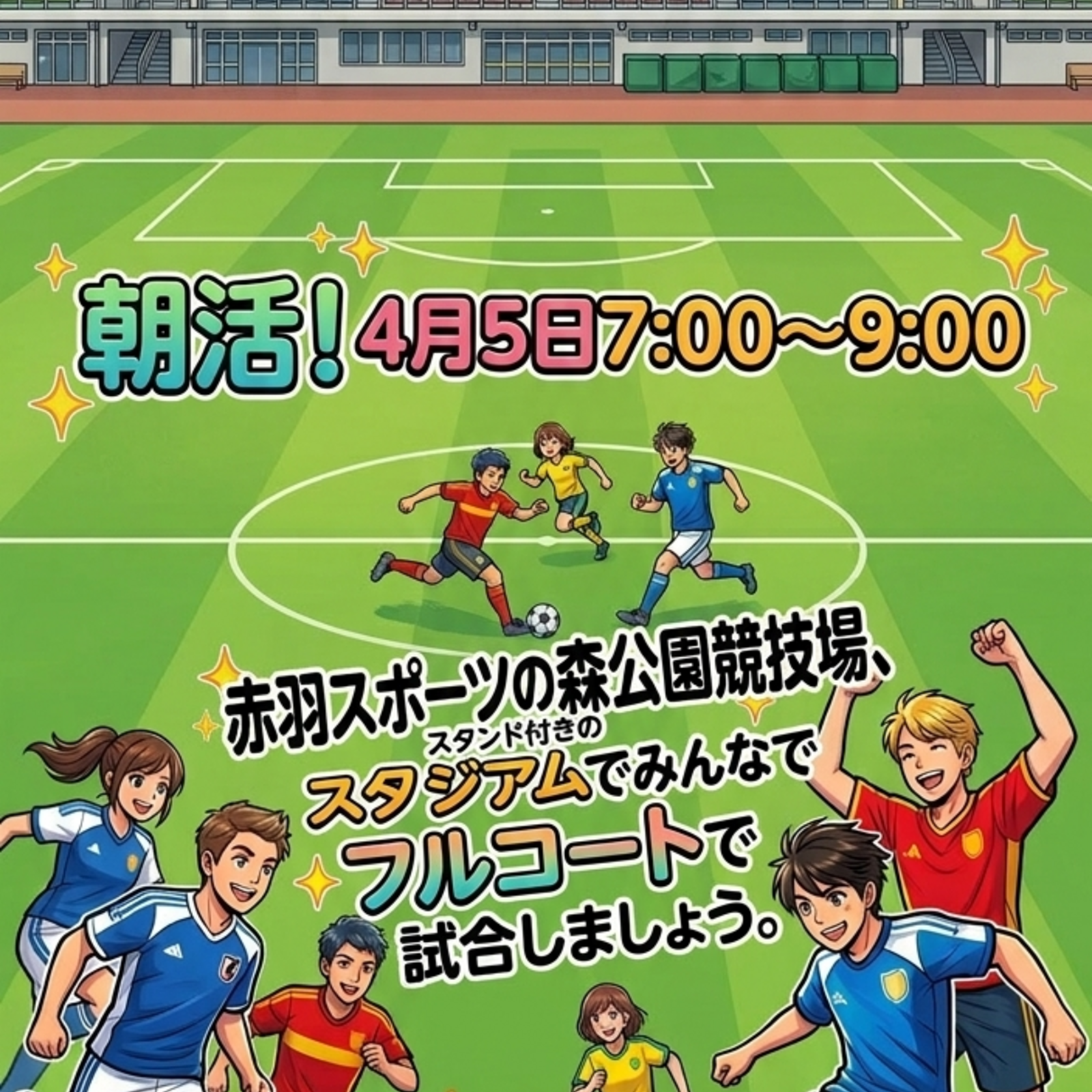 【4/5(日) 朝活サッカー！初心者・ブランク勢集まれ⚽️】 4月5日の日曜朝、赤羽で一緒にボールを蹴りませんか？ 「とにかく楽しく！」をモットーにした11対11のフルピッチ・エンジョイサッカーを開催します。