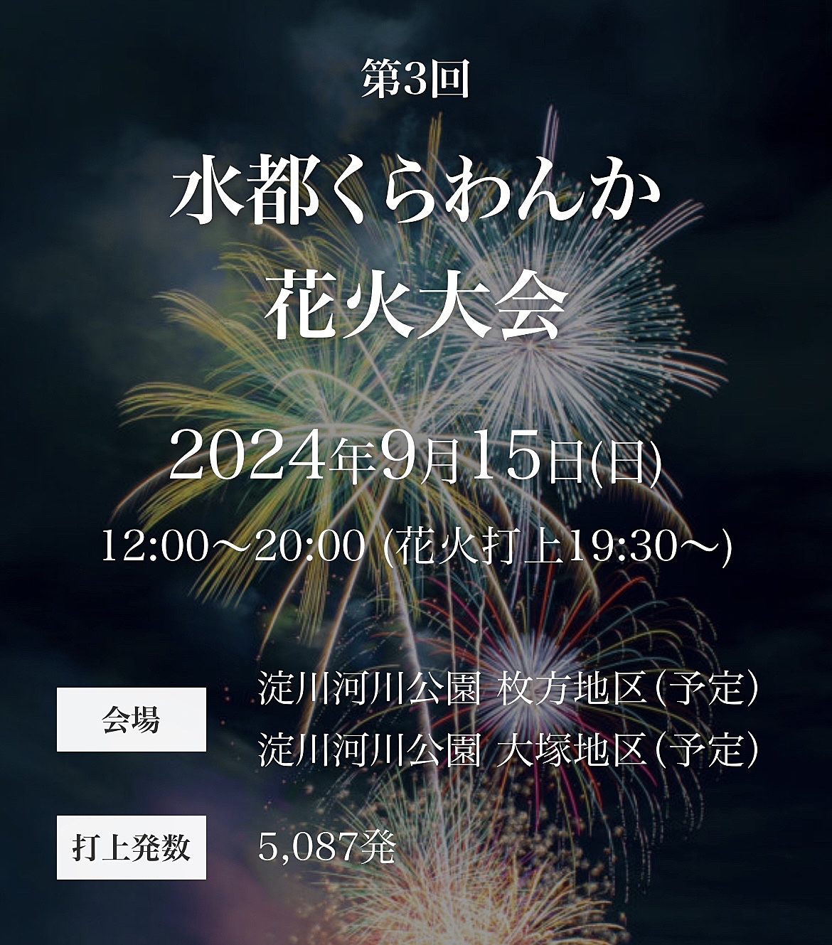 9/15(日)17:30～水都くらわんか花火大会(大阪・枚方)行きませんか？   29歳以下の人で！