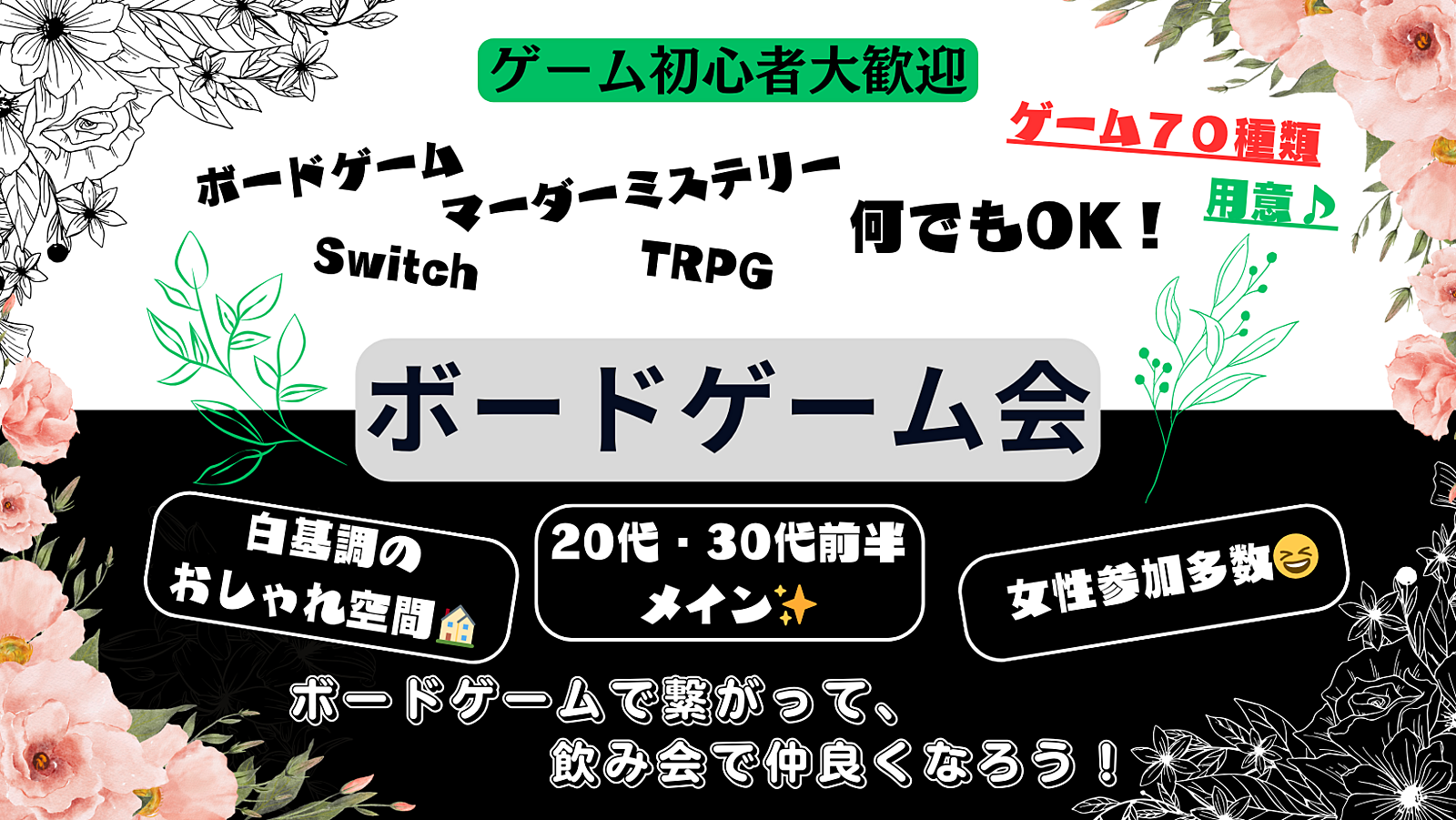 20・30代集まれ✨ソロ参加OK❗女性一人参加も多数😆アットホームな雰囲気🏠ボードゲーム70種類🎲【ボードゲーム会】