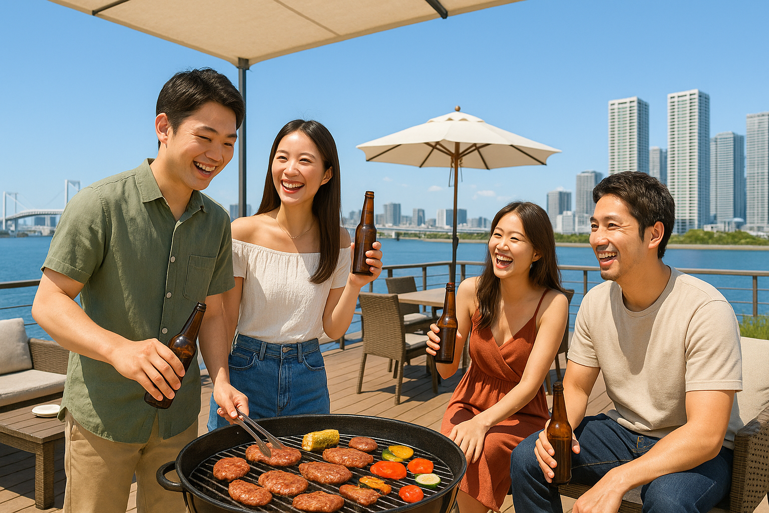 【特に女性募集中】🍖豊洲⛱東京湾🌊テラスBBQ🍻開放感バツグン☀️女性も安心参加🙆‍♀️お気軽1人参加OK⭐