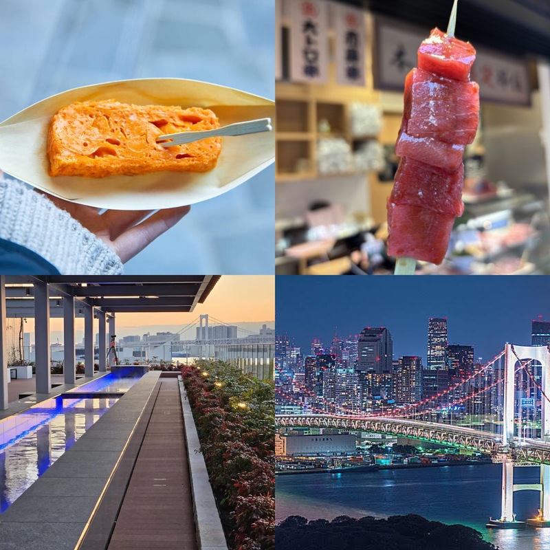 千客万来で食べ歩き後足湯に入って夜景を見ながらレインボーブリッジを歩こう！(東京)