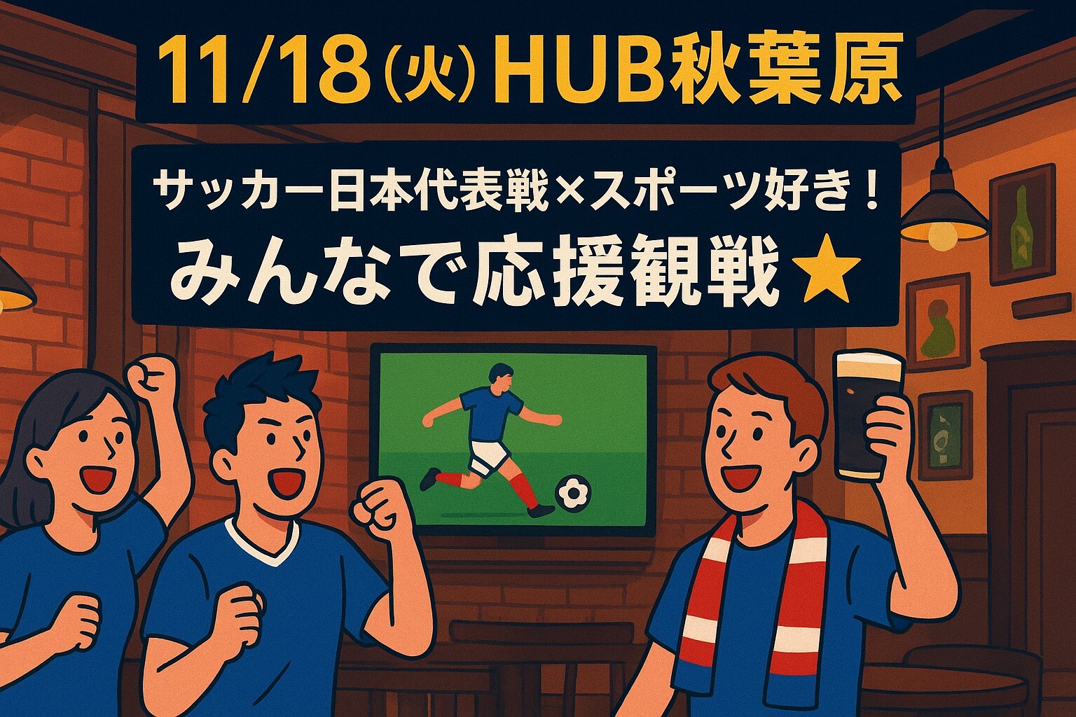 【11/18(火)HUB秋葉原⚽️】サッカー日本代表戦×スポーツ好き！みんなで応援観戦🌟