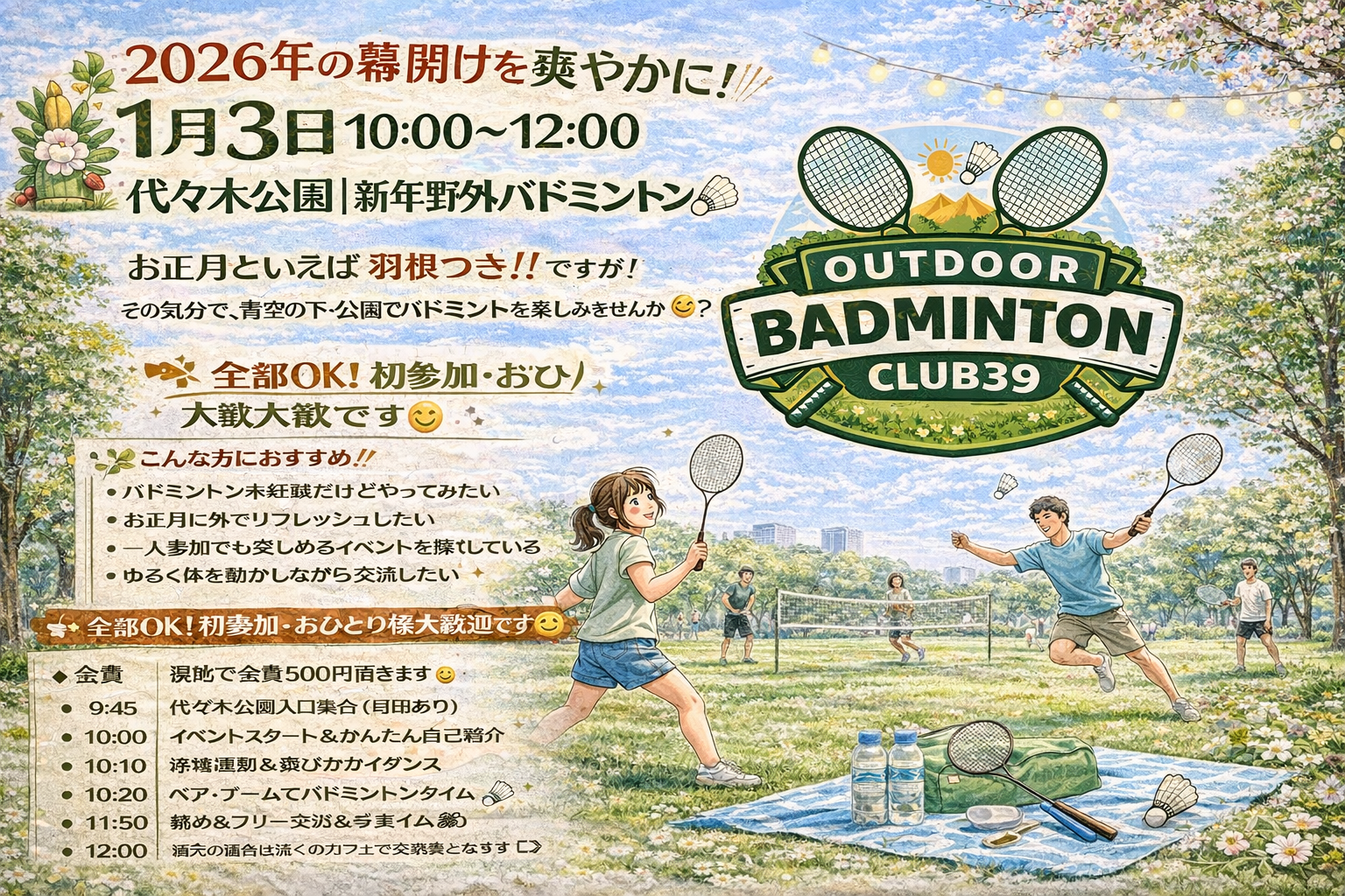 【🎍 2026年1月3日/代々木公園🏸】ポカポカ野外で新年初打ち！初心者大歓迎・満席必至の出張バドミントン交流会✨