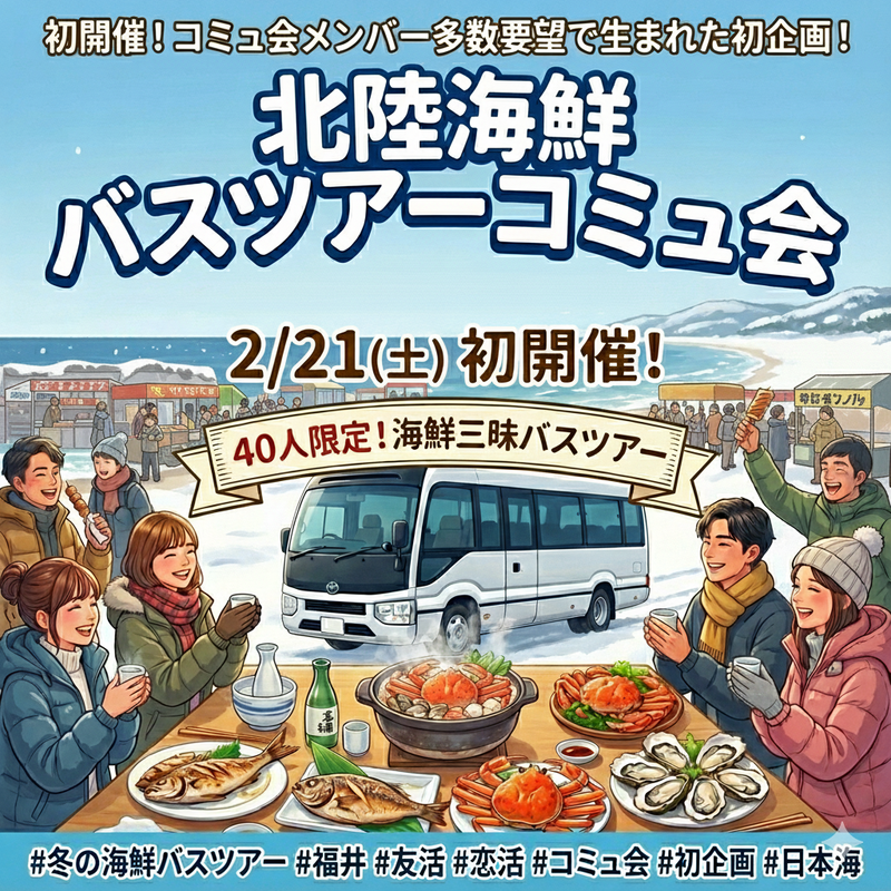 『（初開催!) 2/21 日帰り海鮮バスツアーコミュ会』⇒先着40人募集！✉下さい★25～45歳友活