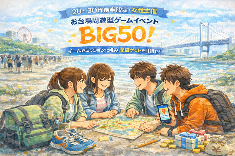 【20〜30代前半限定】お台場周遊型ゲームイベント「BIG50」！チームでミッションに挑み、景品をゲットを目指せ！