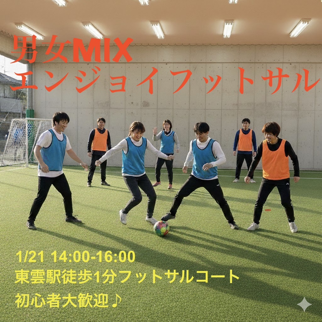 【2/21(土)・東雲駅近会場⚽】20,30代メイン！屋内貸切コートで爽快フットサル🌟初心者・1人参加歓迎！