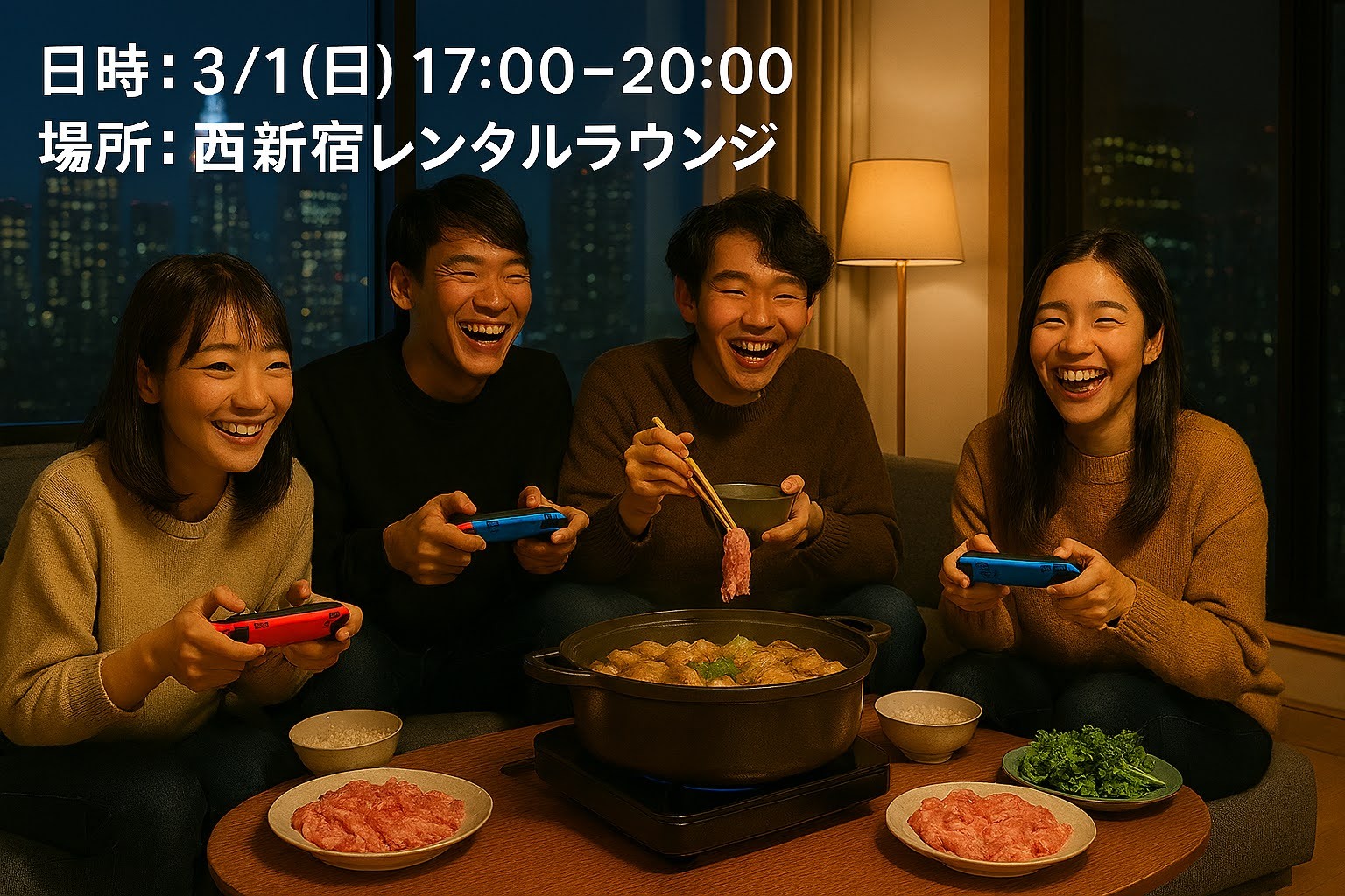 【3/1開催】西新宿レンタルラウンジ🍲手ぶら鍋パーティー！20代〜30代限定で貸切＆満席必至✨