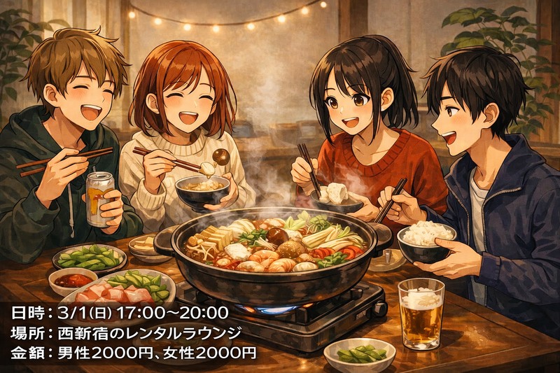 【3/1開催】西新宿レンタルラウンジ🍲手ぶら鍋パーティー！20代〜30代限定で貸切＆満席必至！友人と参加で半額✨