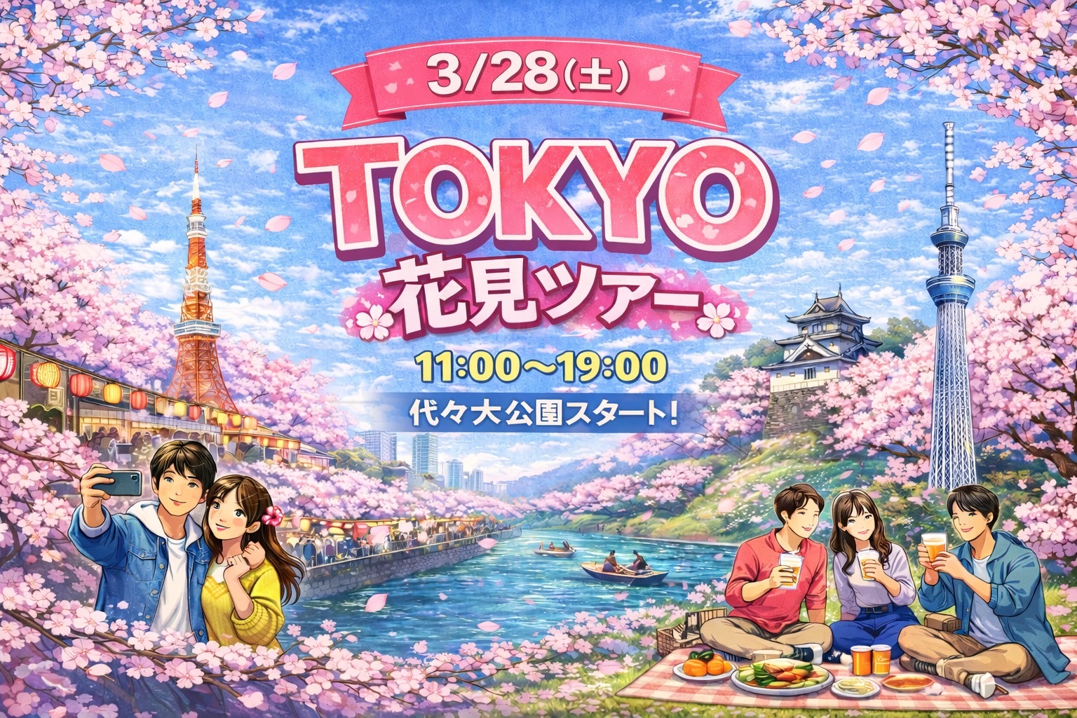 【3/28開催・東京お花見ツアー🌸】満開の桜を巡る！代々木公園→新宿御苑→目黒川→六本木夜桜スペシャル
