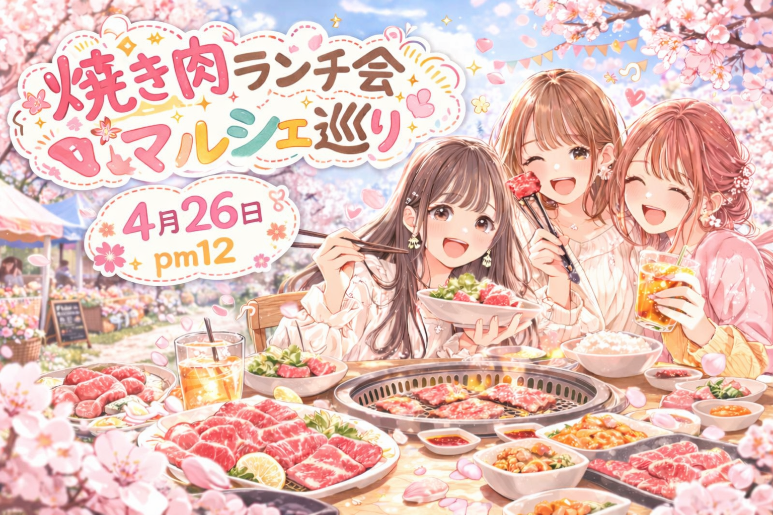 【大阪4/26日曜開催】女性のみ募集🎀焼き肉食べ放題ランチ1500円☕友達作り＆マルシェ巡りイベント🌿