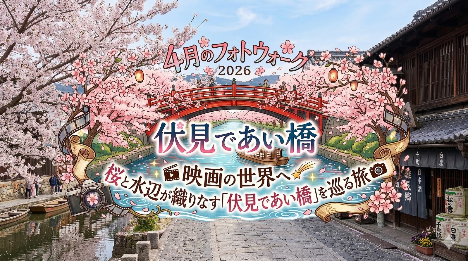 【4月のフォトウォーク】映画の世界へ🌸桜と水辺が織りなす「伏見であい橋」を巡る旅📷【目指せギャラリー】