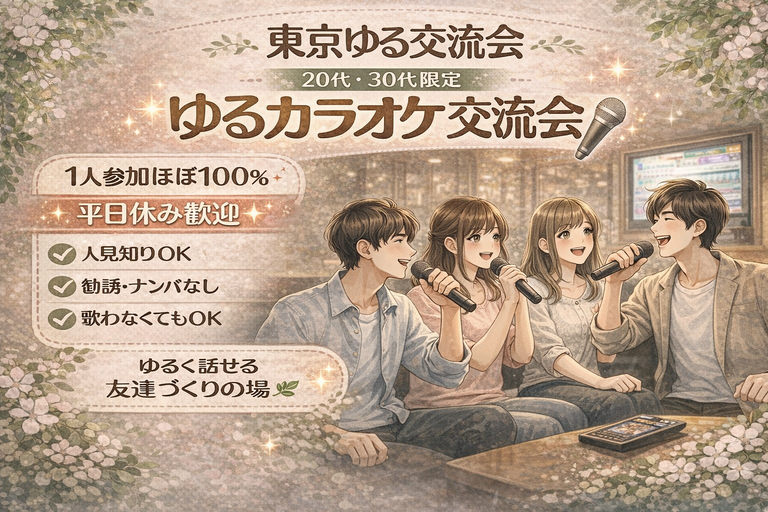 20代女性主催｜社会人男女限定｜秋葉原カラオケ交流会｜途中参加OK｜平日夕方・シフト制歓迎｜1人参加中心