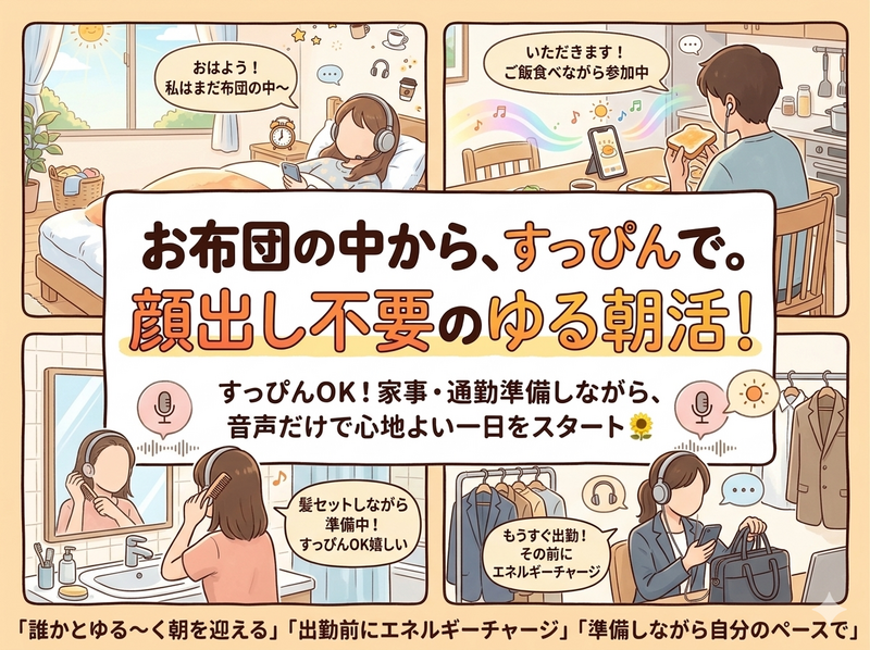 ほぼ毎日6:30-7:30 オンライン朝会🌅顔出し不要！出勤前にゆるっとスイッチON朝活会【布団参加OK】