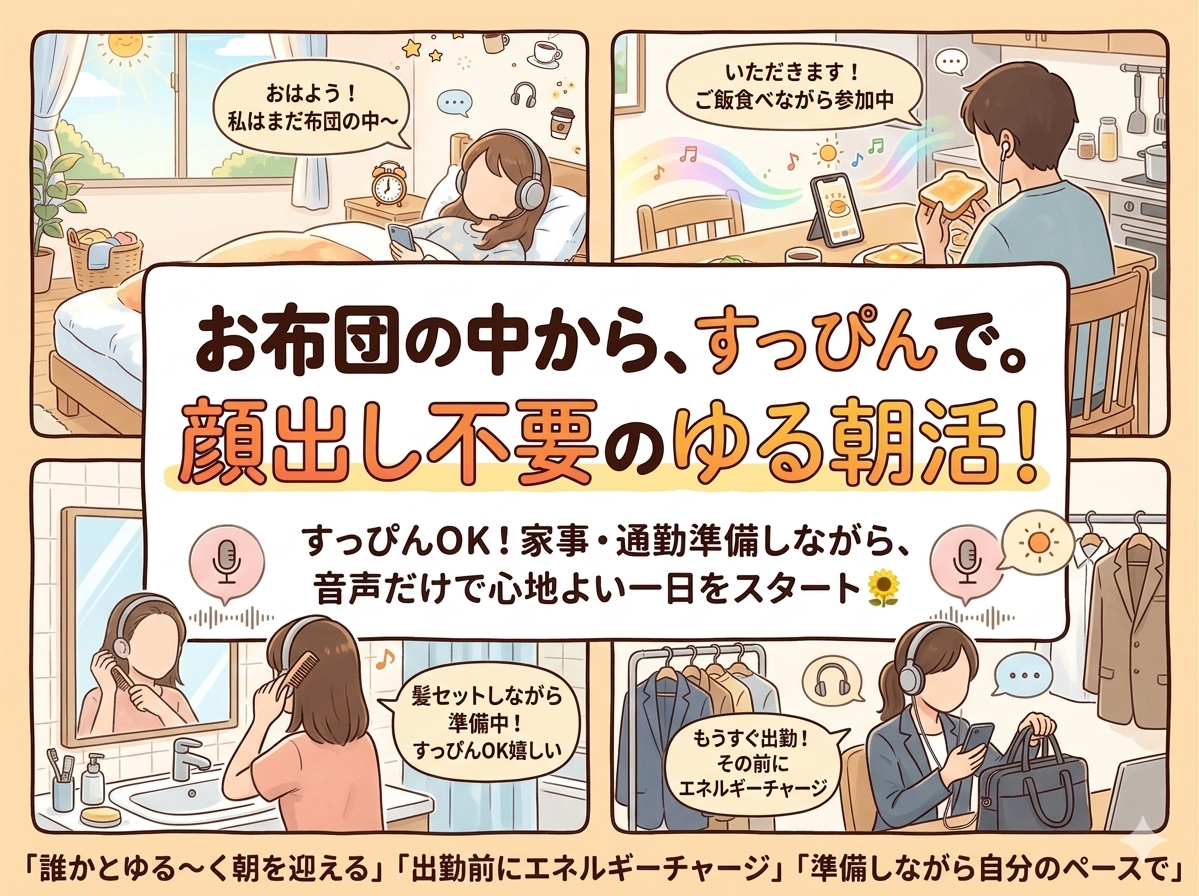 ほぼ毎日6:30-7:30 オンライン朝会🌅顔出し不要！出勤前にゆるっとスイッチON朝活会【布団参加OK】