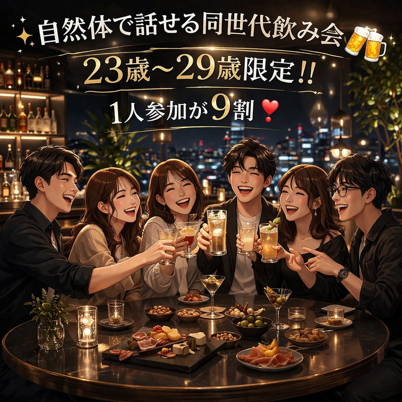 自然体で話せる同世代飲み会🍻23歳〜29歳限定‼️1人参加が9割！！　飲み会・交流会🥂
