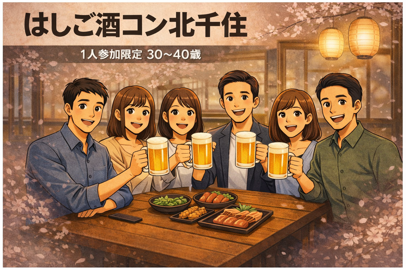 4/1(水)20:00開催！北千住はしご酒コン｜1人参加限定・30〜40歳
