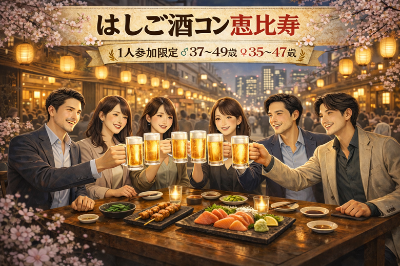 4/11(土)16:00開催！恵比寿はしご酒コン｜1人参加限定・37〜49歳
