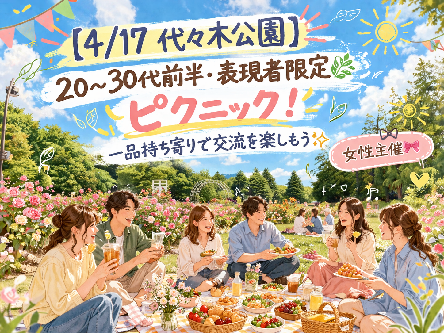 【4/17 代々木公園】20〜30代前半・表現者限定🌿ピクニック！一品持ち寄りで交流を楽しもう✨　女性主催🎀