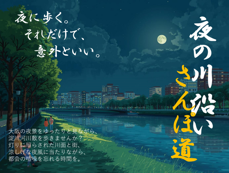 【淀川河川敷】夜の川沿い、さんぽ道。
