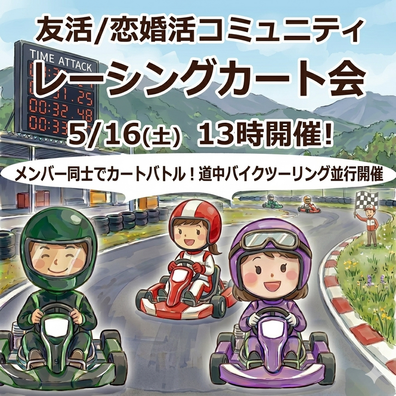 『（初開催!) 5/16 レーシングカート会＆山道ツーリング』⇒先着25人募集！✉下さい★25～45歳友活