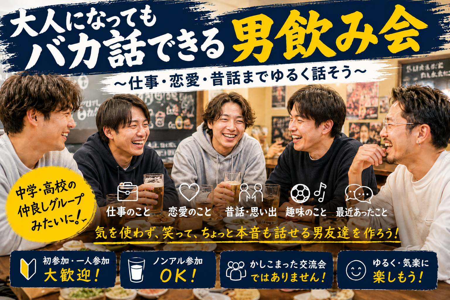 大人になってもバカ話できる男飲み会🍻
〜仕事・恋愛・昔話までゆるく話そう〜