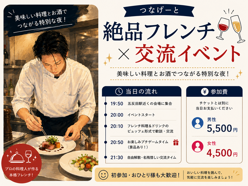 【5/22 五反田開催🍷】プロの料理人こだわりのフレンチ×お酒イベント〈立食・20代30代限定〉既に10名参加希望あり