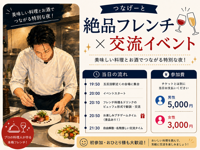 【5/22 五反田開催🍷】プロの料理人こだわりのフレンチ×お酒イベント〈立食・20代30代限定〉