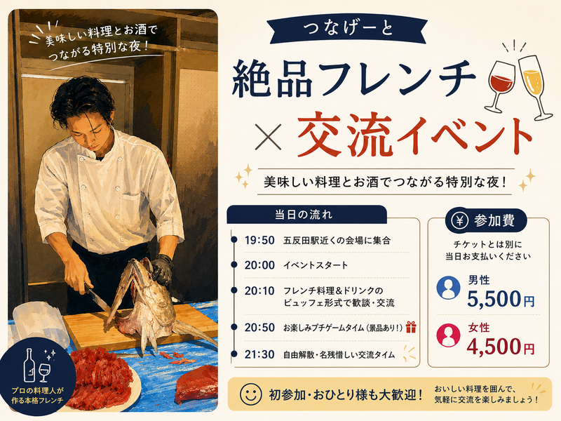 【5/22 五反田開催🍷】プロの料理人こだわりのフレンチ×お酒イベント〈立食・20代30代限定〉既に10名参加希望あり