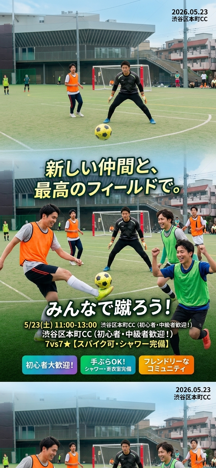 5/23(土) 渋谷のコートでエンジョイサッカー！初心者・中級者大歓迎【スパイク可・シャワー完備】
イベント紹介文
