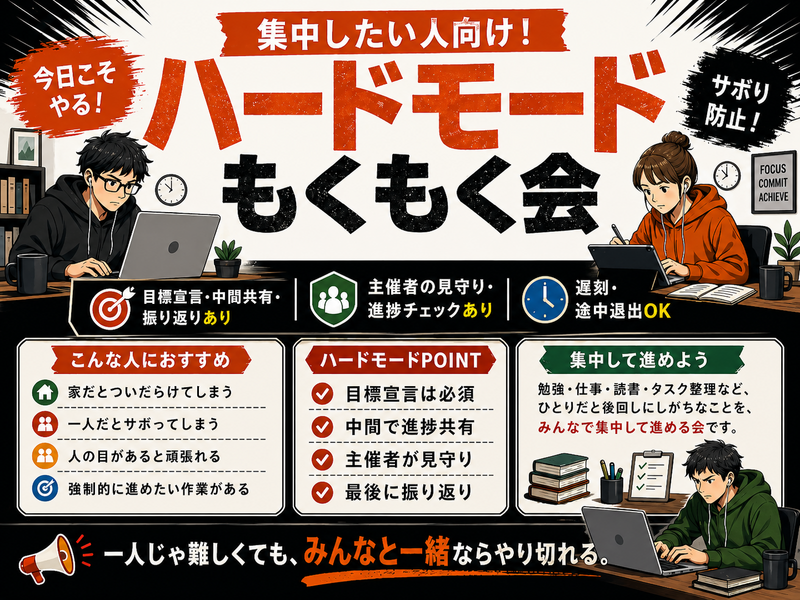 常にカメラオンで強制集中【オンライン】ハードモードもくもく作業会｜目標宣言＆進捗チェックつき