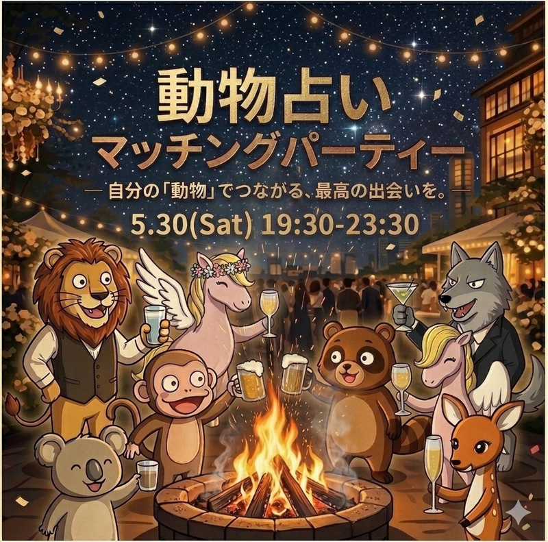  ZOO 動物占い交流会🍻 途中参加・途中退室OK❗️1人参加大歓迎❗️恵比寿のおしゃれ焚き火バー