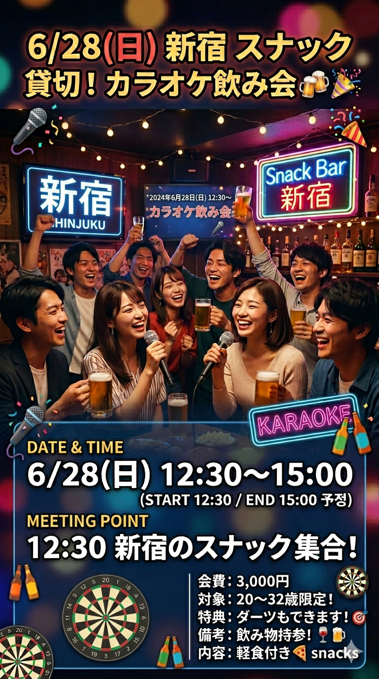 【6/28(日)新宿スナック貸切🎤】20〜32歳限定！みんなでワイワイ盛り上がる昼カラオケ祭り✨