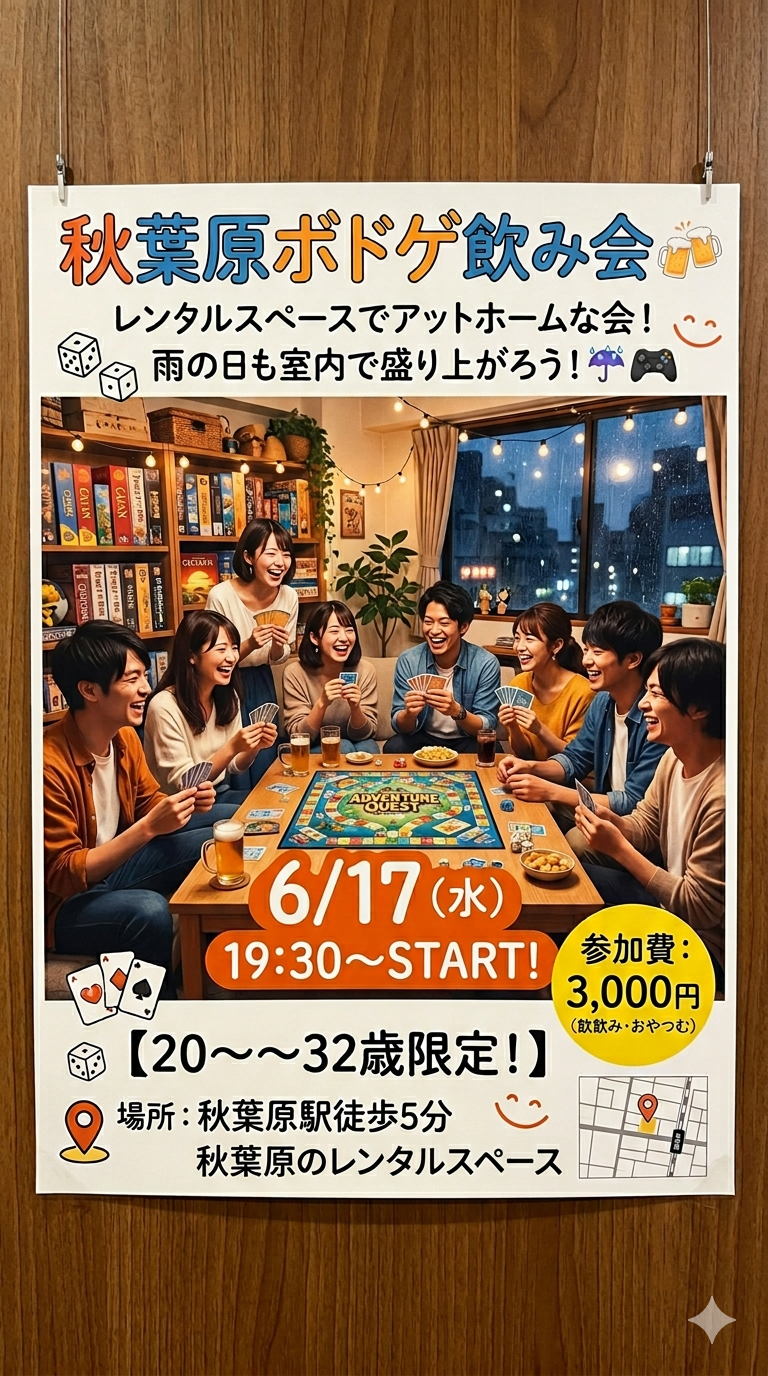 【6/17(水) 19:30開催】秋葉原人気レンタルスペースでボドゲ飲み会🍻20〜32歳限定！満席続出の交流ナイト✨