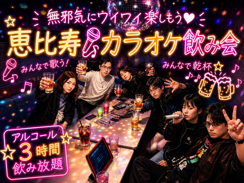♥♥ 無邪気にワイワイ楽しもう  ♥♥ 恵比寿deカラオケオフ会 📯 ３時間飲み放題 🍷 歌って飲んで楽しもう🎤