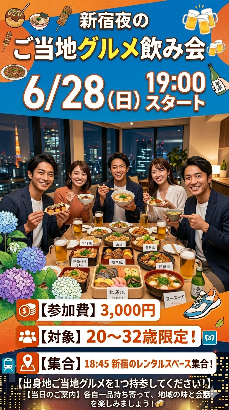 【6/28(日) 新宿開催🍻】20〜32歳限定！持ち寄りご当地グルメ飲み会★