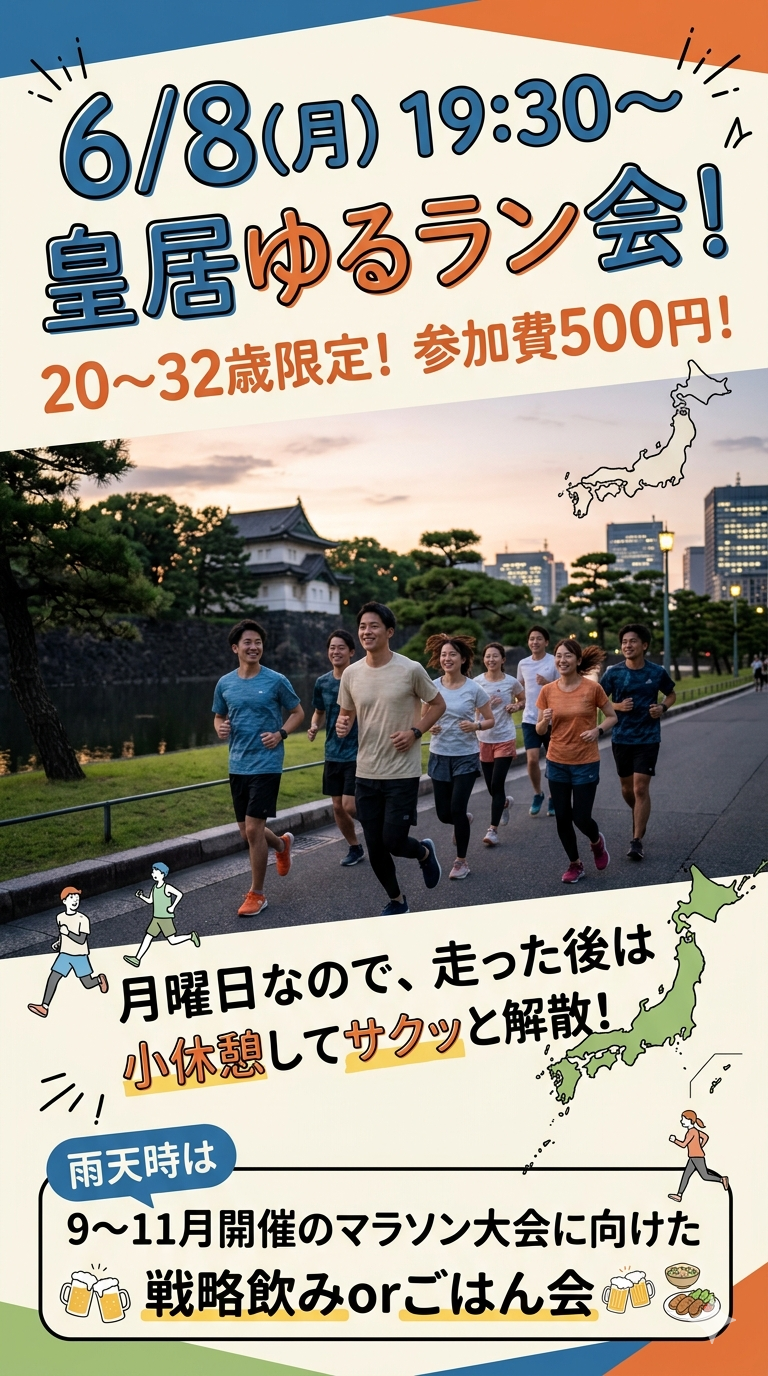【6/8(月)19:30〜皇居ゆるラン会🏃‍♂️】日比谷駅集合！20〜32歳限定・気軽なラン仲間大募集♪