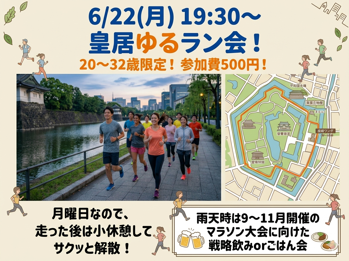 【6/22(月) 皇居ゆるラン🏃‍♂️🌙】20〜32歳限定！月曜日夜スタートのゆるラン会で交流＆リフレッシュしよう！