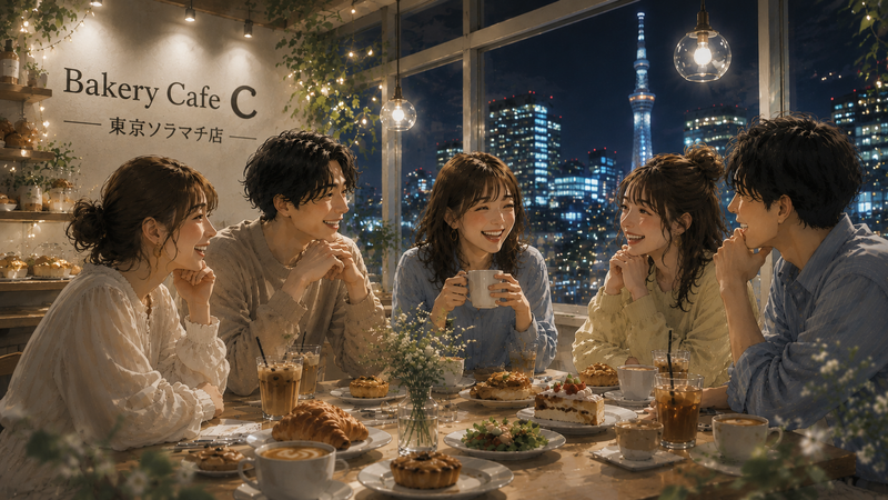 ☕ 男女主催 ☕ ソラマチ *BAKERY CAFE C* オープン約1ヶ月のベーカリーカフェでまったり夜カフェタイム♪
