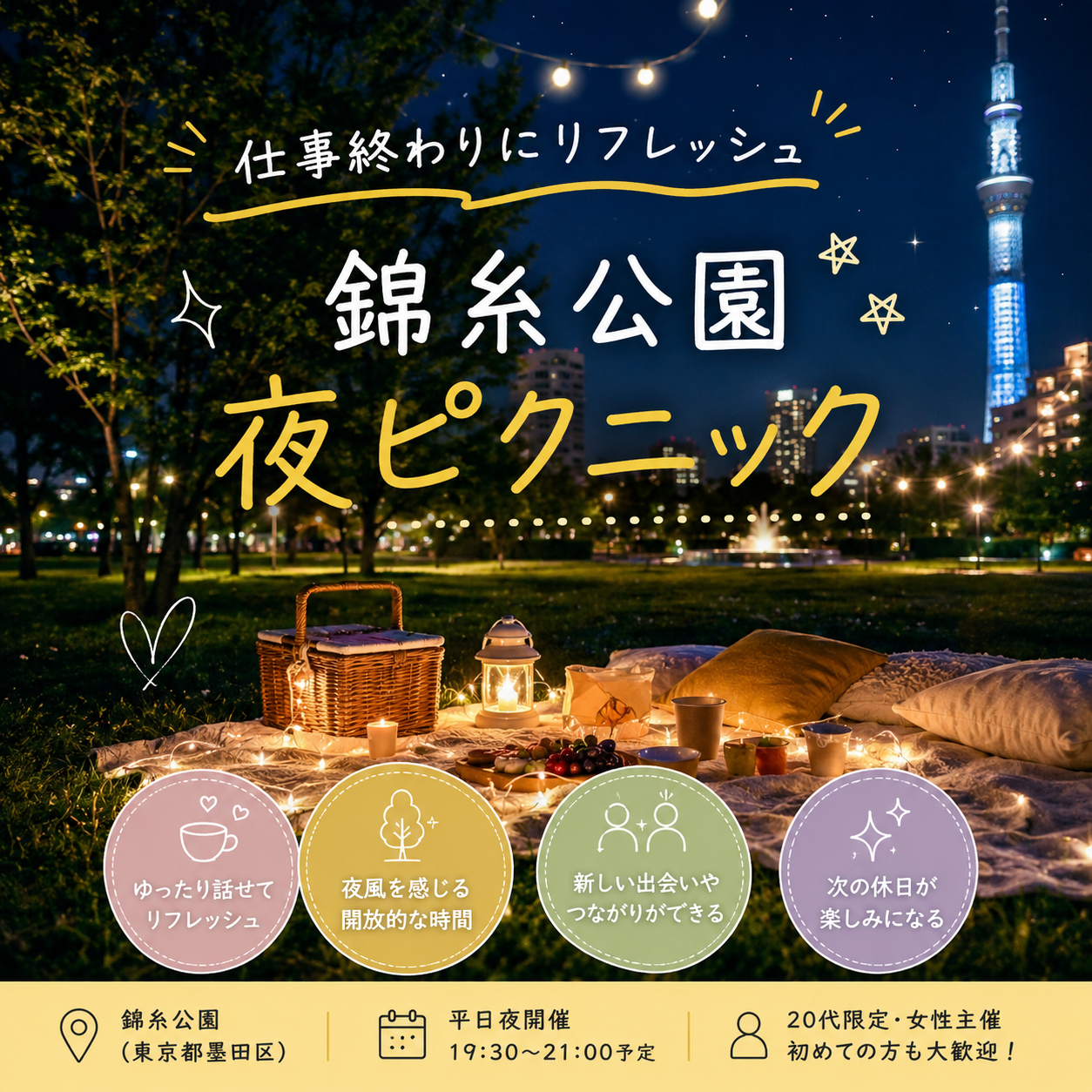 🌙20代限定！女性主催！仕事終わりにリフレッシュ！夜ピクニック