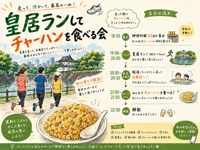 【6/15開催】皇居で爽快ランニング＆銭湯♨️体験＋絶品チャーハン会！初心者歓迎・グルメ好き集まれ✨