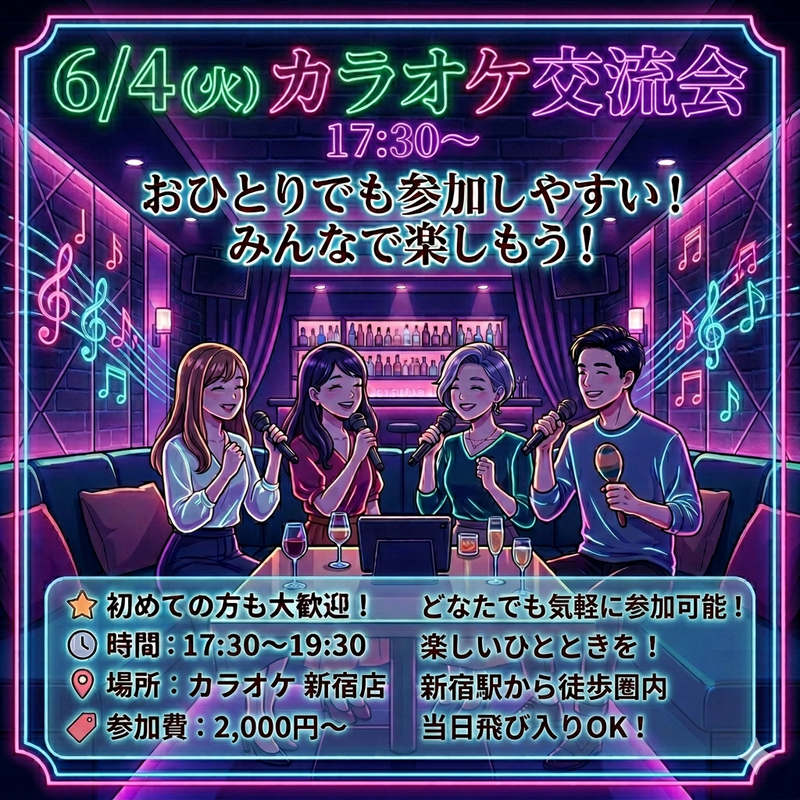 【5/4 17:30〜 新宿開催🎤】20代30代限定カラオケ交流会🎧音楽のジャンル問わず、おひとり様でも歓迎！