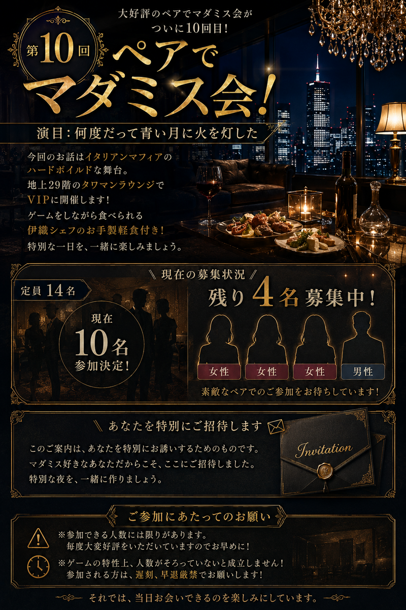 【6/13開催】第10回ペアで楽しむマーダーミステリー会🎩満席必至！「何度だって青い月に火を灯した」限定14名