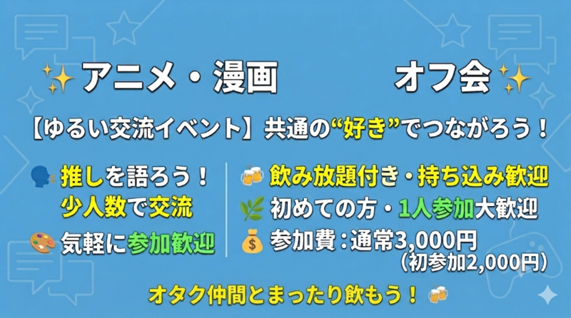 【秋葉原】ゆるオタ交流会✨アニメ・漫画好き集まれ！｜1人参加大歓迎・飲み放題