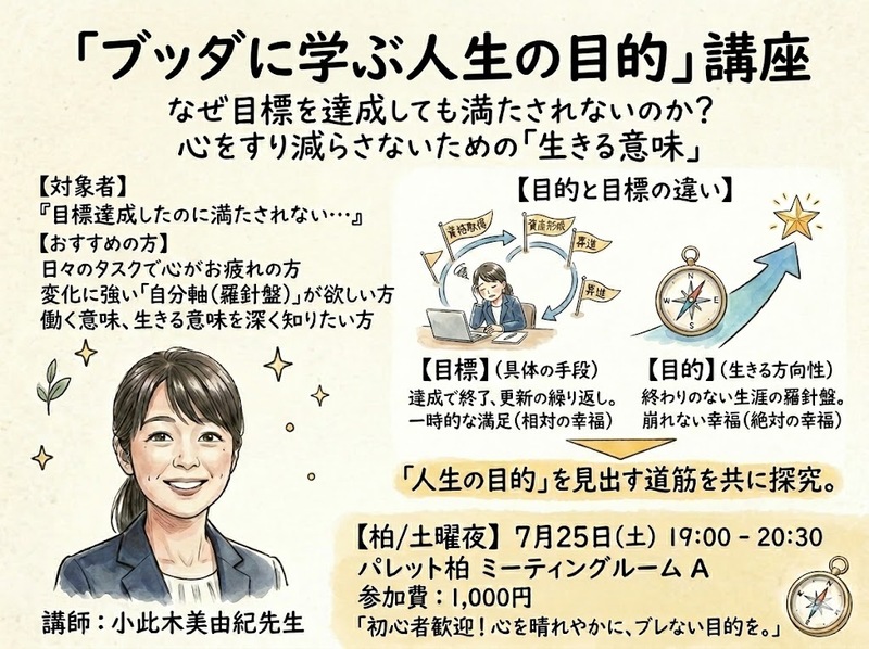 ブッダに学ぶ人生の目的講座〜目標達成しても満たされない理由【柏/土曜夜】