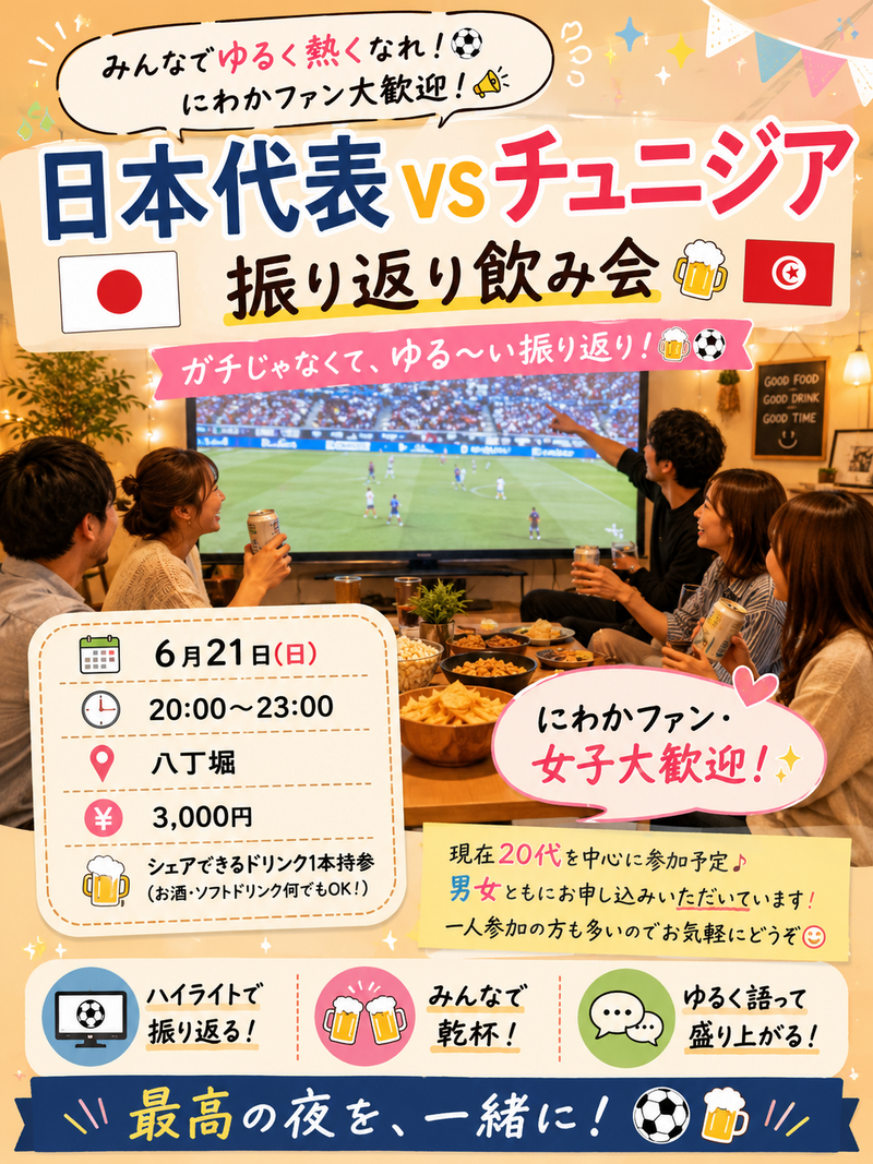 ⚽日本代表vsチュニジア 振り返り飲み会＠八丁堀