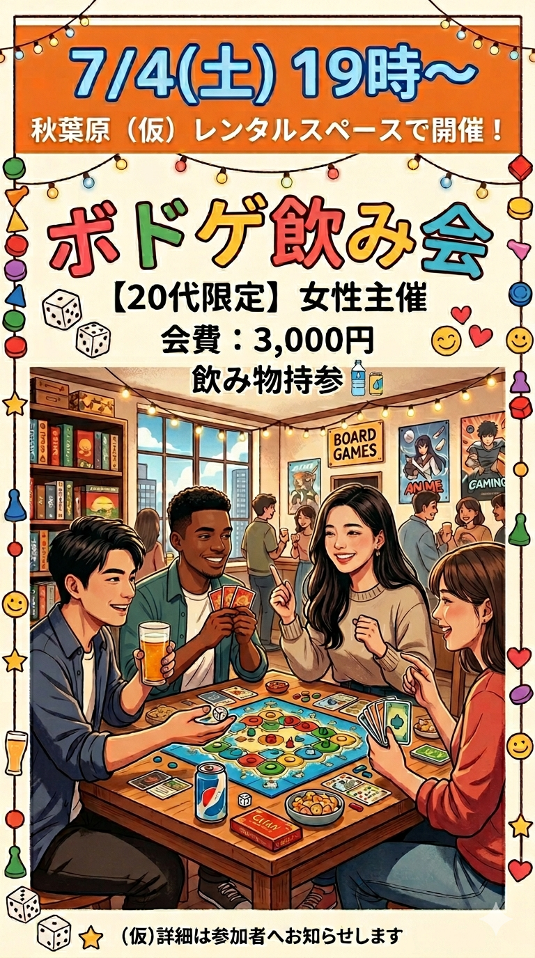 【7/4(土)秋葉原開催🎲】20代限定！女性主催のボードゲーム飲み会〜飲み物持参＆満席必至のわくわく夜会✨