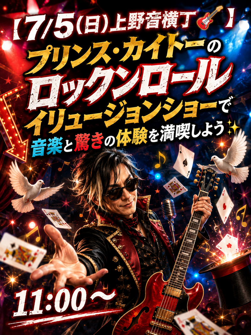 【7/5(日)上野音横丁🎸】プリンス・カイトーのロックンロールイリュージョンショーで音楽と驚きの体験を満喫しよう✨