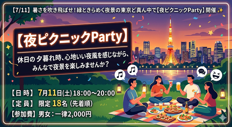 【7/11】暑さを吹き飛ばせ！緑ときらめく夜景の東京ど真ん中で【夜ピクニックParty】開催