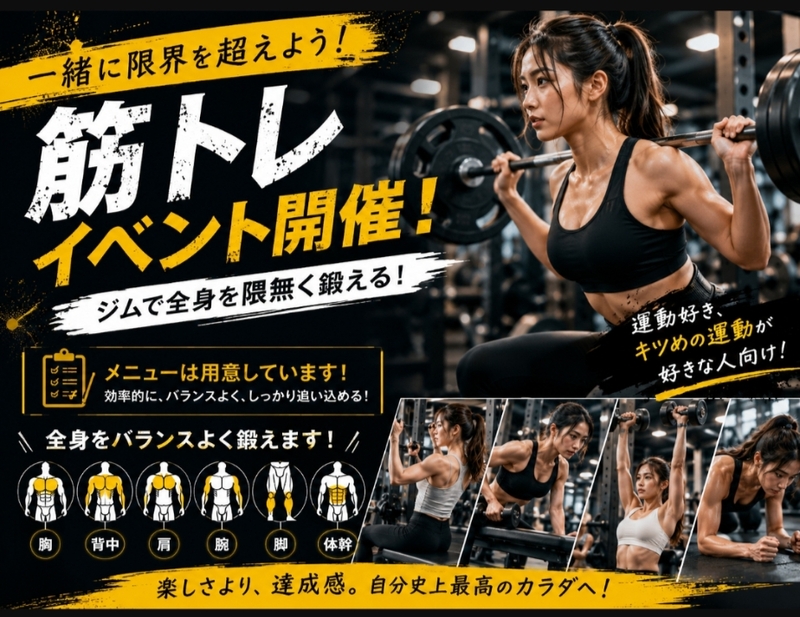 【8/12(水)開催】横浜の区営ジム💪本格全身筋トレ体験！筋トレメニューを覚えて実践！少しキツめですが達成感MAX✨