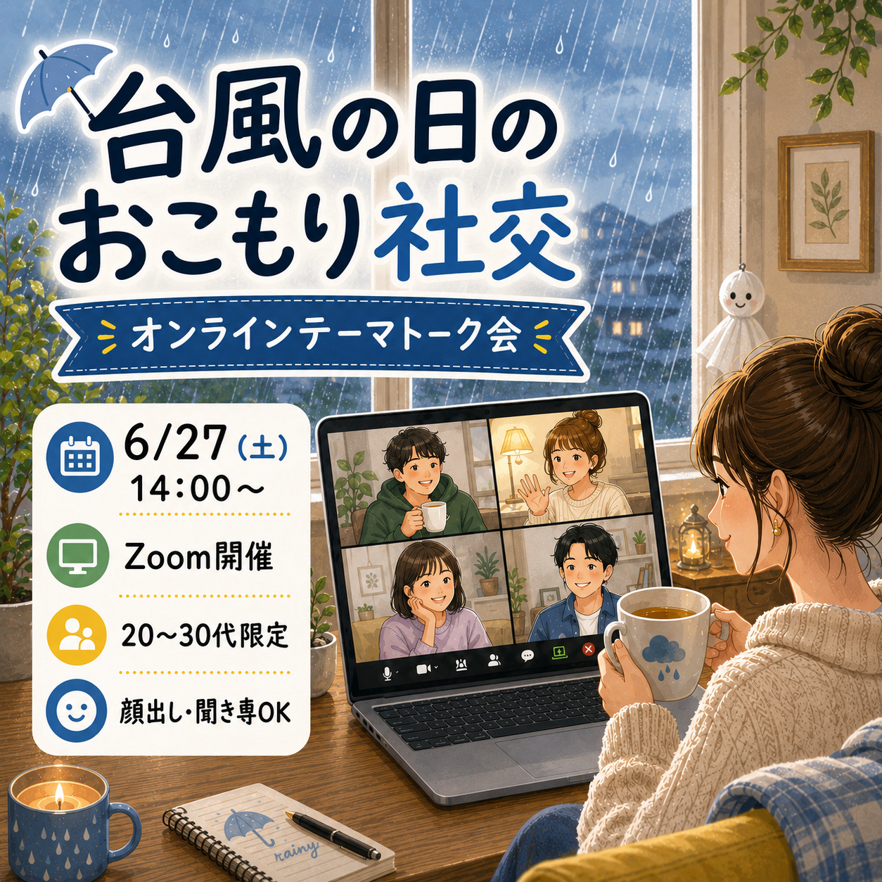 【台風限定☔】6/27 自宅で気軽に参加！20・30代限定Zoomテーマトーク会～台風でも繋がろう～